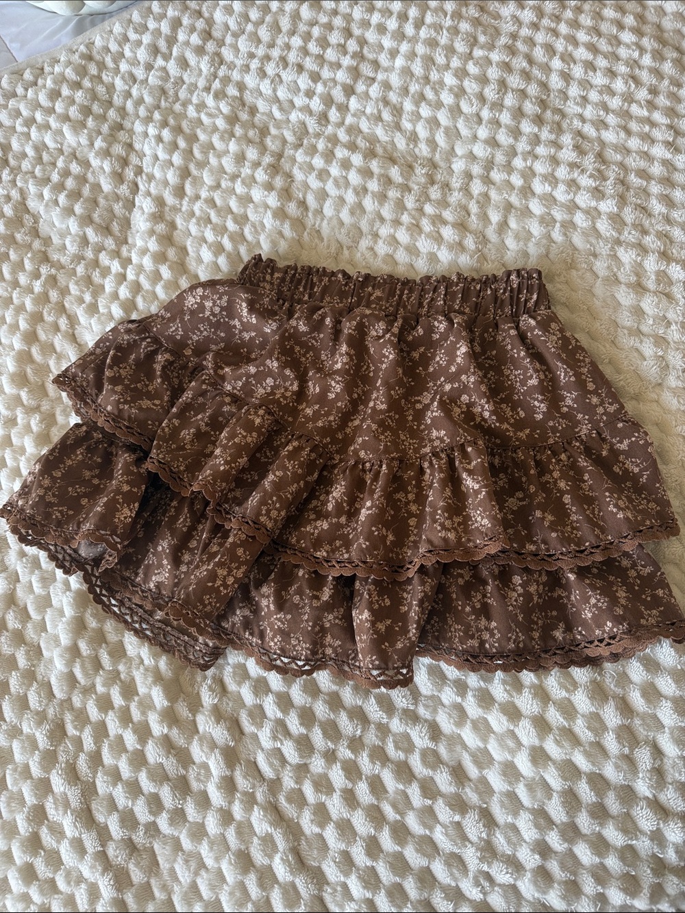 Brown Floral Tiered Mini Skort with Elastic Waistband